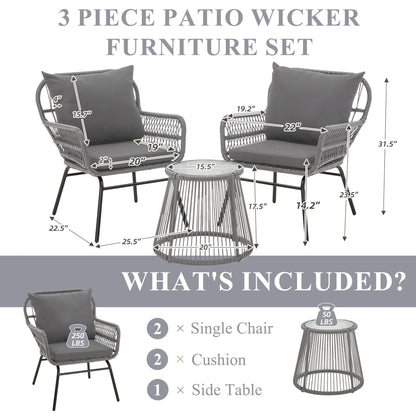 Bezseller 3-Piece Outdoor Wicker Furniture Set, Patio Conversation Set, Gray