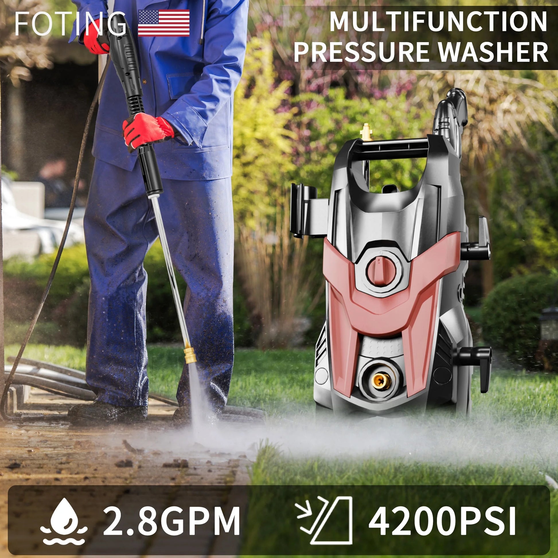 2024 Upgraded Electric Pressure Washer 4300 PSI 2.8 GPM Power Washer with Extra Hose, 23ft Hose 35ft Power Cord, 4 Nozzle and Detergent Tank for Cars, Fences, Patio