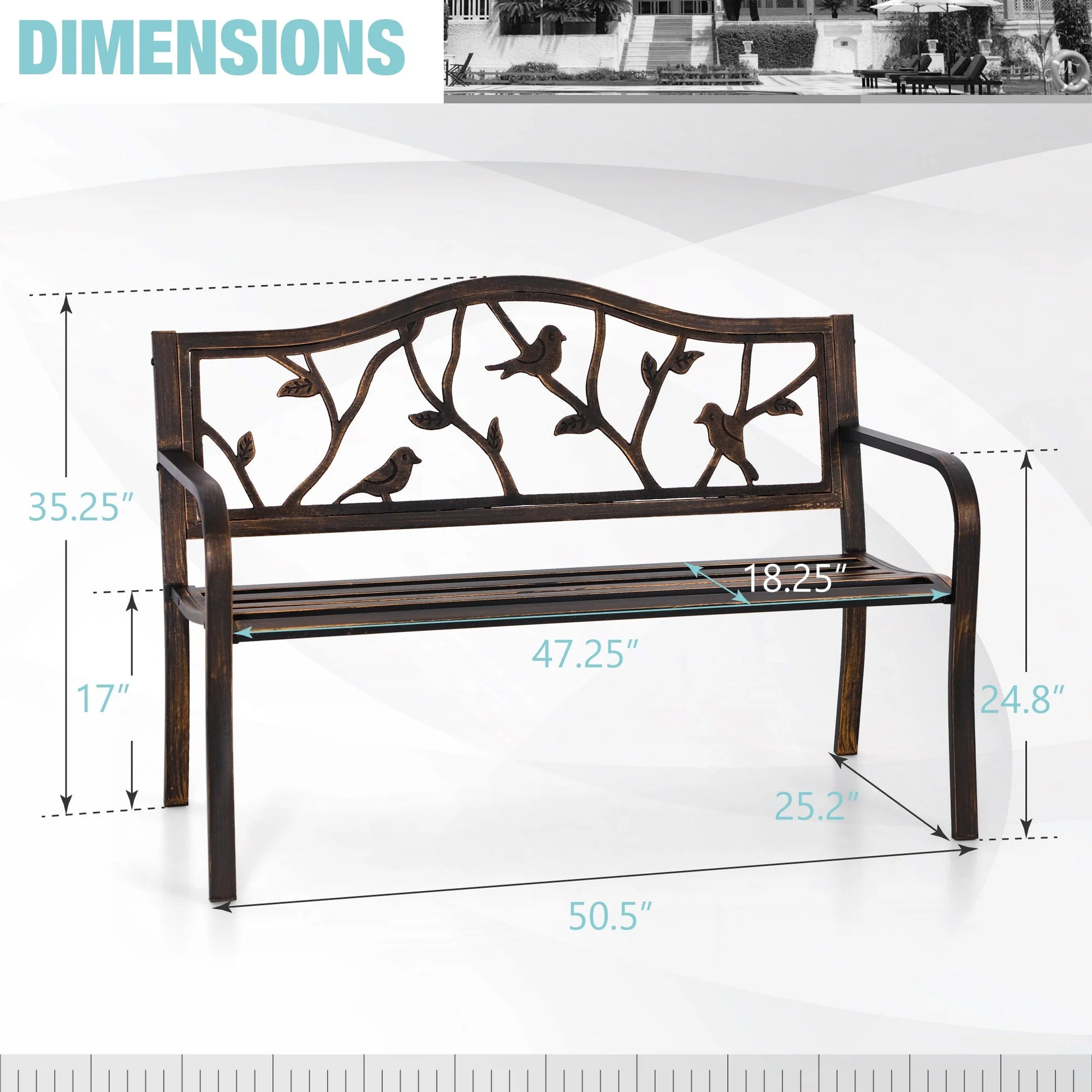 Alpha Joy 50" Outdoor Bench Metal Patio Garden Bench Slatted Seat for Lawn, Park, Porch, Backyard, Deck- Bronze