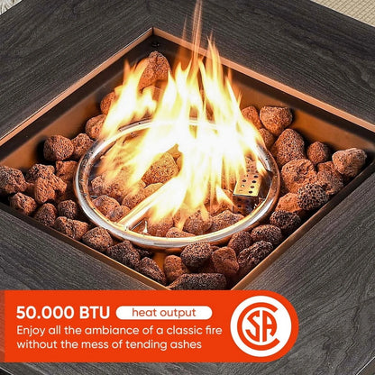 PARKWELL Outdoor Fire Pit 30" Square 50000 BTU Patio Propane Gas Fire Pit Table with Lava Rocks and Lid,Brown Wicker Firepit Faux Wood Tabletop