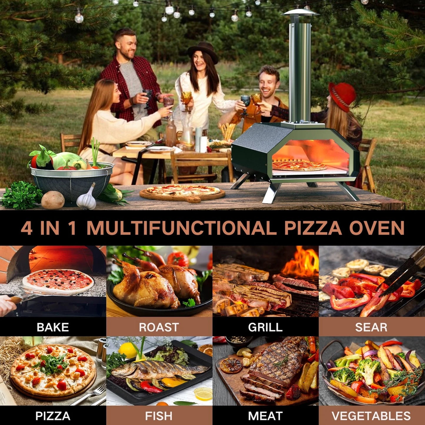 KingChii Multi-Fuel Pizza Oven with Gas Burner, Portable 13" Wood Fired and Gas Powered Pizza Maker with Foldable Legs for Outdoor Patio Garden