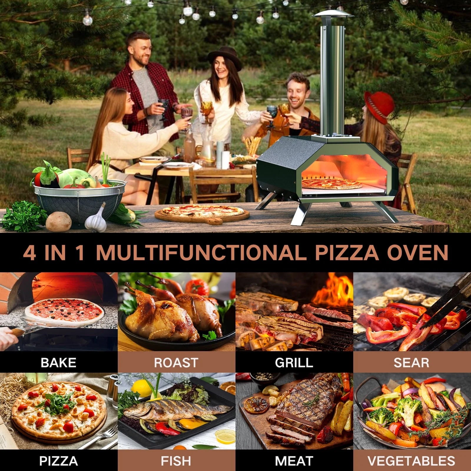 KingChii Multi-Fuel Pizza Oven with Gas Burner, Portable 13" Wood Fired and Gas Powered Pizza Maker with Foldable Legs for Outdoor Patio Garden