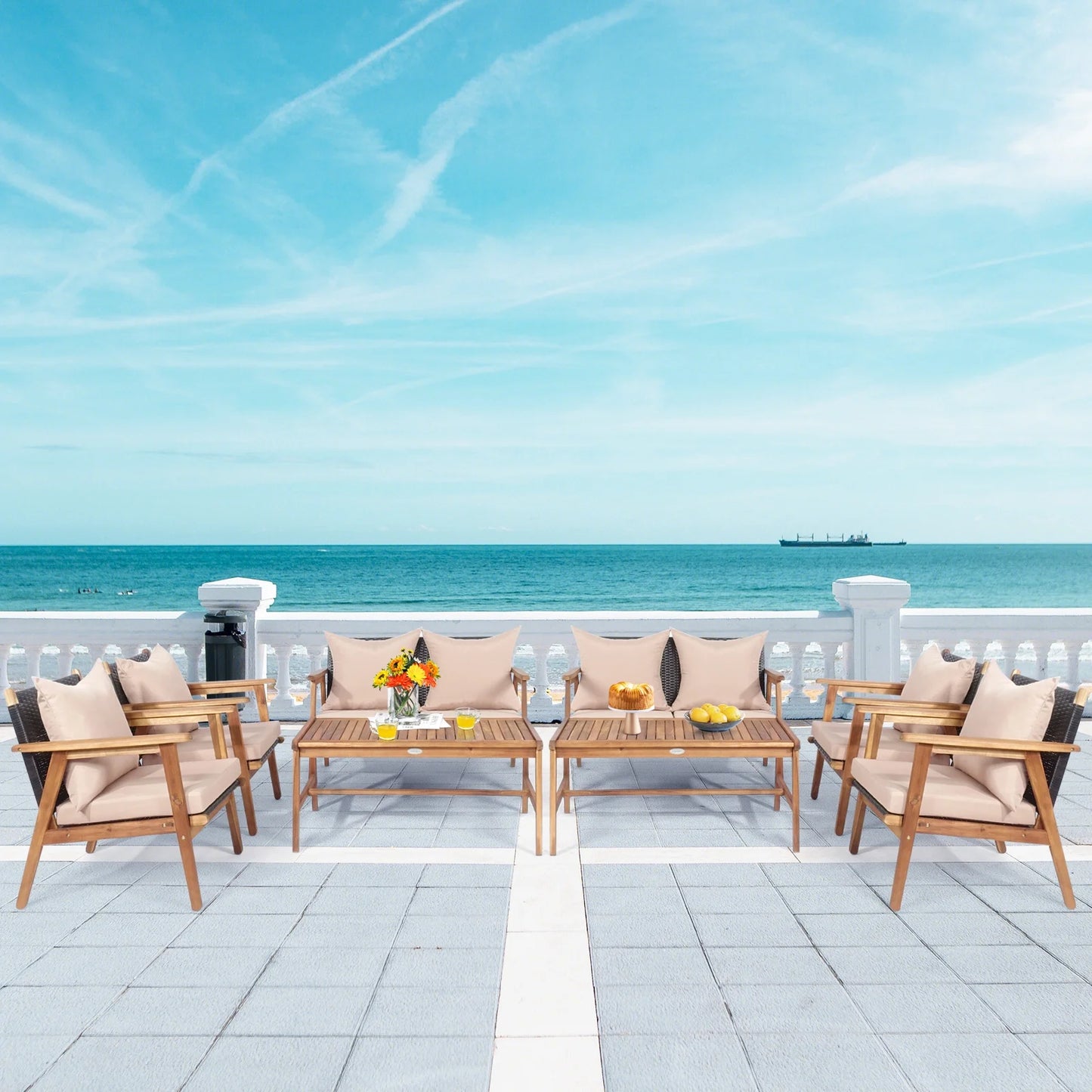 Patiojoy 8PCS Patio Rattan Furniture Set Wood Frame Cushioned Sofa with Coffee Table Sectional Conversation Sofa Set for Garden Brown
