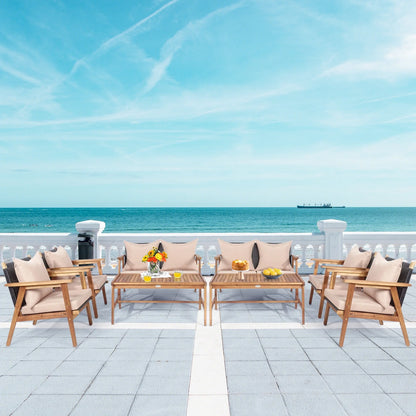 Patiojoy 8PCS Patio Rattan Furniture Set Wood Frame Cushioned Sofa with Coffee Table Sectional Conversation Sofa Set for Garden Brown