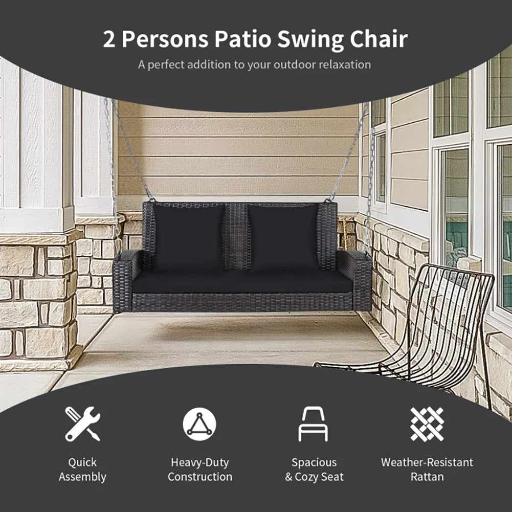 Yardi Yard 2-Person Patio Rattan Porch Swing with Cushions-Black, Porch Swing Hanging Bench, Wicker Outdoor Swing Bench with Cushion and Pillow for Patio, Yard, Garden
