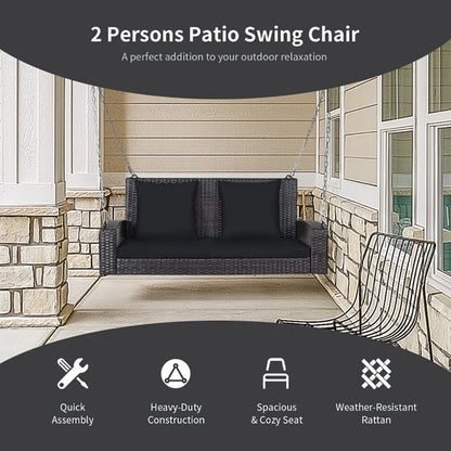Yardi Yard 2-Person Patio Rattan Porch Swing with Cushions-Black, Porch Swing Hanging Bench, Wicker Outdoor Swing Bench with Cushion and Pillow for Patio, Yard, Garden
