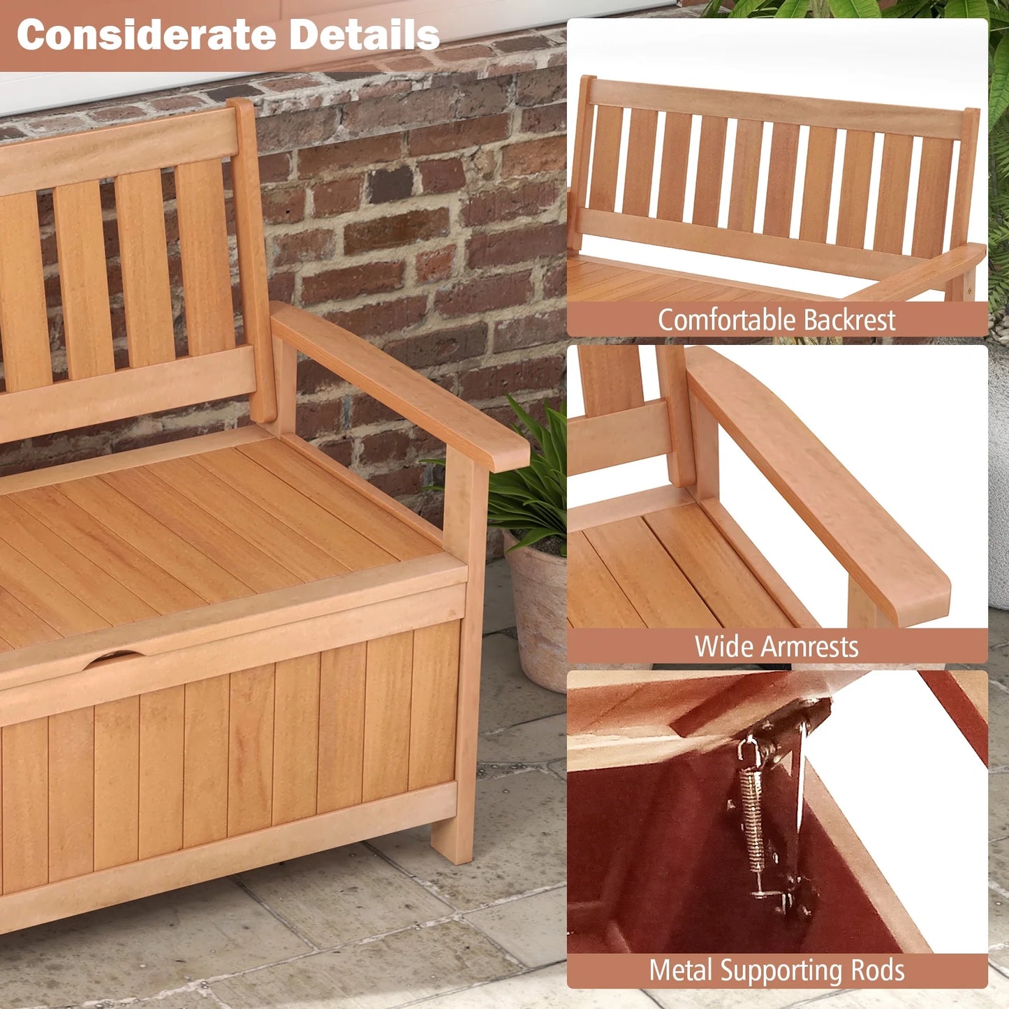 Gymax 48'' Storage Bench Wood Loveseat w/Slatted Backrest for Backyard Patio