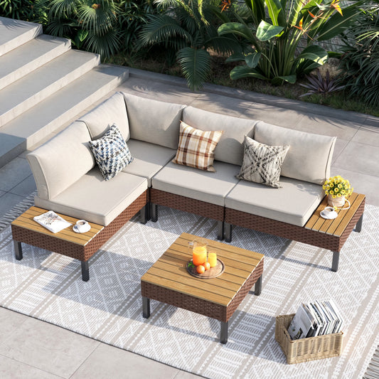 ELPOSUN L Shaped Conversation Sectional Sofa Set with Coffee Table, 5 Pieces Patio Furniture Seating Group with Side Table for Backyard Garden, Beige Grey