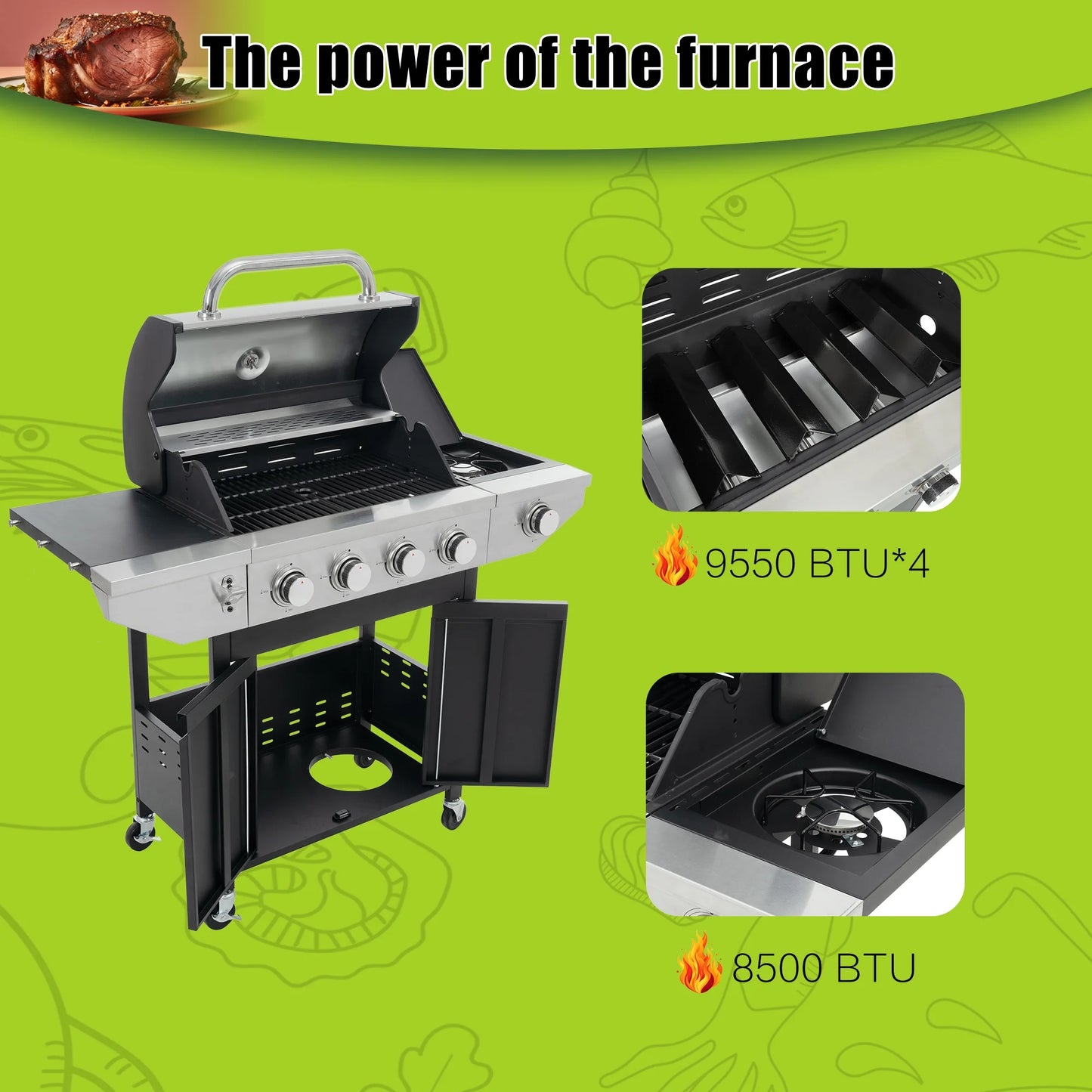 Propane Gas BBQ Grill with Side Burner 42,000 BTU Output Stainless Steel 4-Burners for Outdoor Cooking Kitchen Patio Backyard Barbecue, Silver