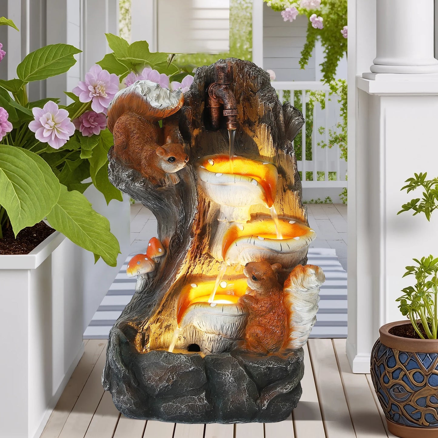 Magic Union Outdoor Water Fountain, Garden Decor Outside Indoor Waterfall Cascading Rock Fountain with Retro Decorative Faucet, Patio Resin Fountains for Yard, Deck, Porch and Home, Imitation Stump