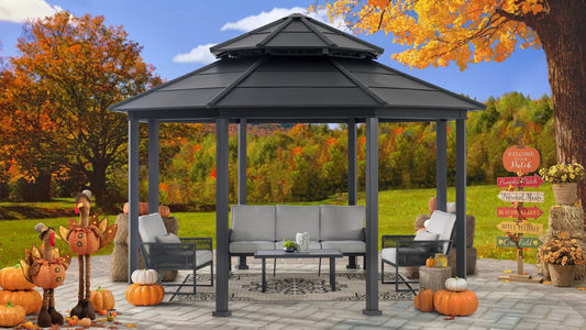 Sunjoy 15 x 15 ft. Outdoor Hardtop Gazebo, Octagon Double Tiered Metal Gazebo with Dual Rails and Ceiling Hook for Patio, Garden, Backyard Shade