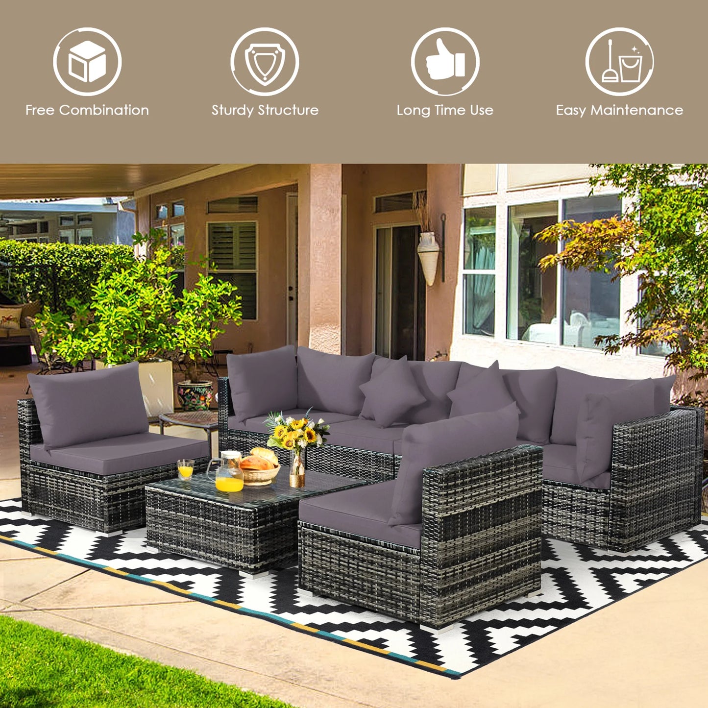 Gymax 7PCS PE Rattan Patio Sectional Sofa Conversation Set w/Grey Cushions