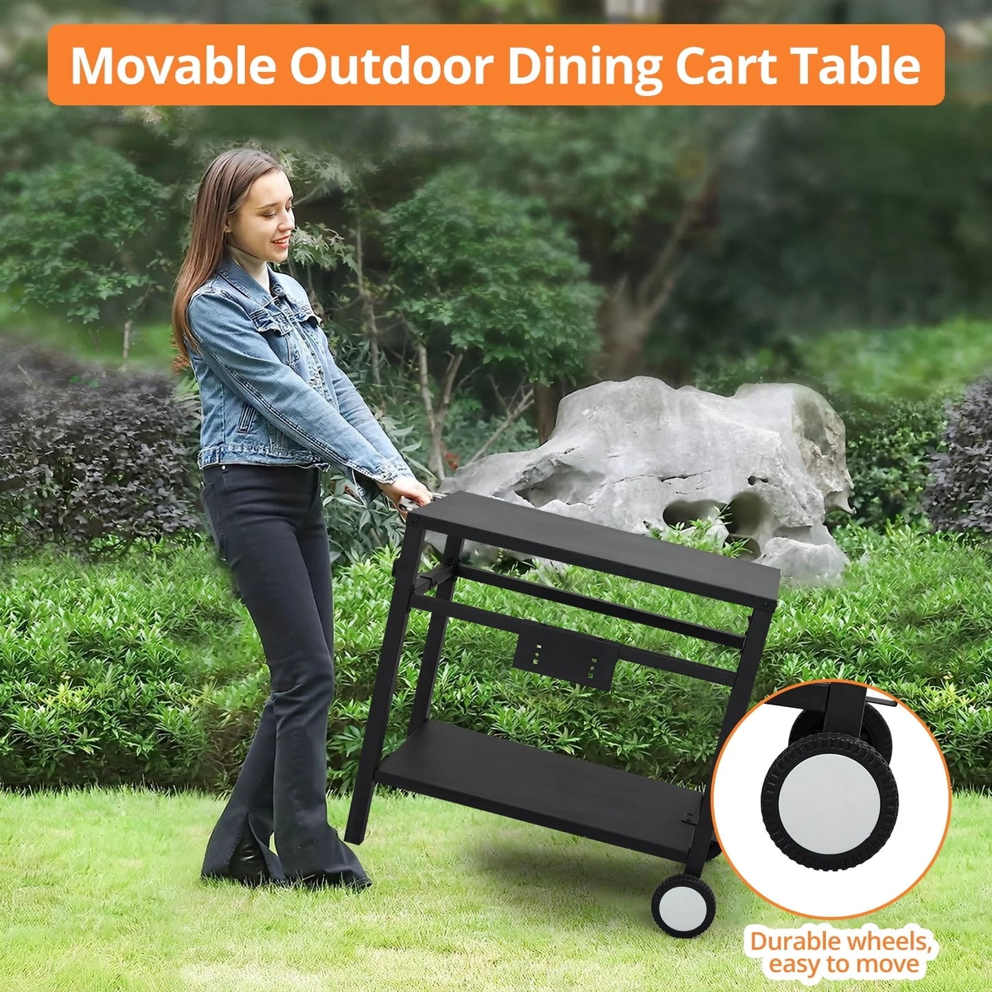 Dining Cart,Outdoor Grill Cart with Double-Shelf,with 4 Hooks, Side Handle,Wheels,Cooking Table for Outdoors, Kitchen or Backyard Patio, Movable BBQ Trolley,Multifunctional and Commercial