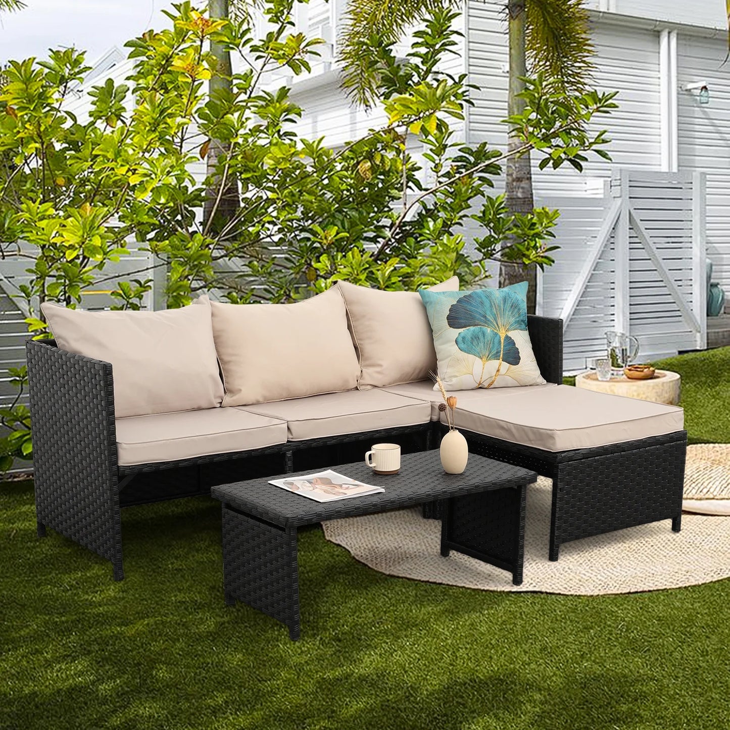 Waroom Outdoor Furniture Set 3 Pieces Patio Wicker Conversation Chairs and Coffee Table, Royal Blue