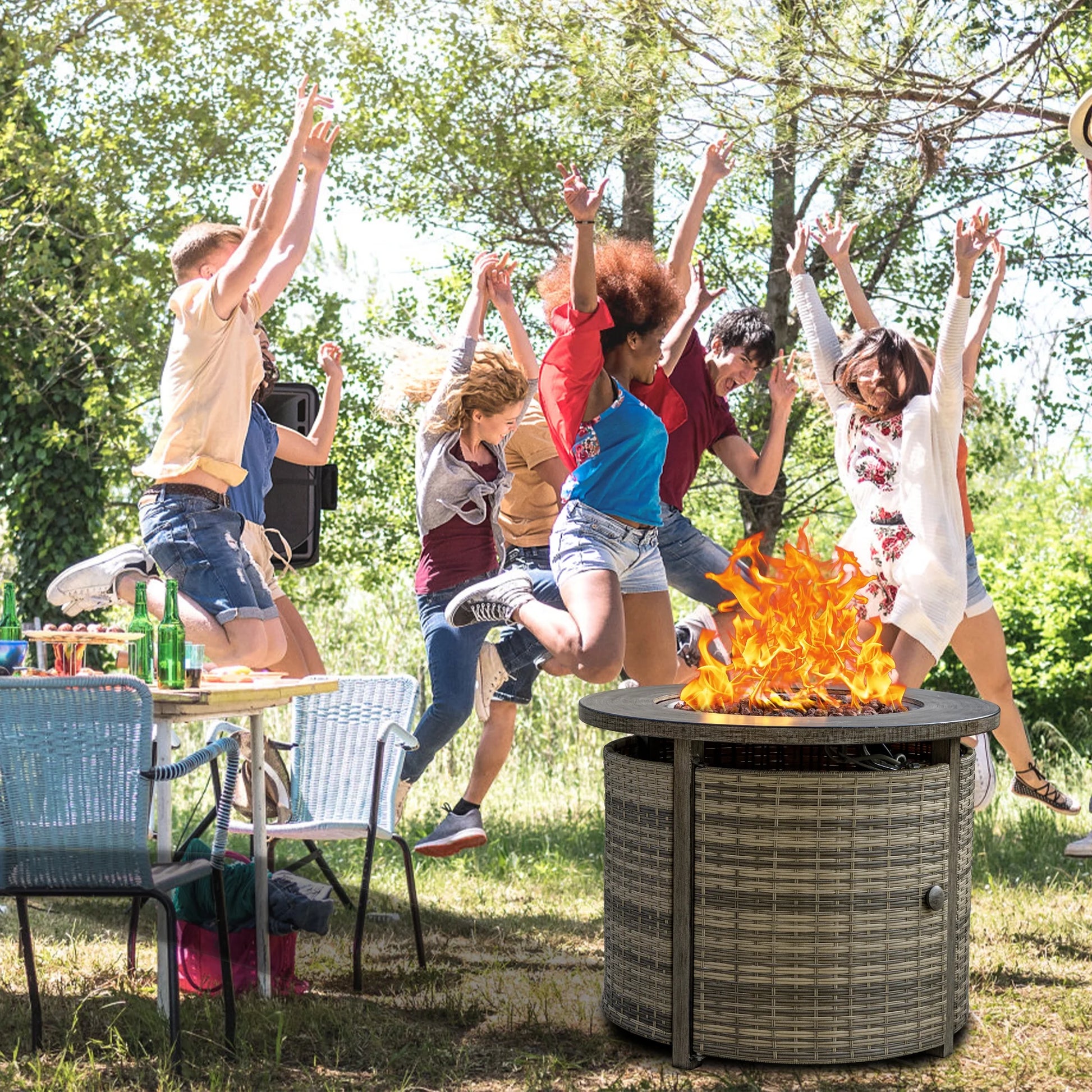 MistMo 32 Inch Round Propane Fire Pit Table with Lid, 50,000 BTU Outdoor Wicker Gas Fire Pit with Lava Rocks, Perfect for Patio, Yard, Dining, and Party