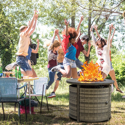 MistMo 32 Inch Round Propane Fire Pit Table with Lid, 50,000 BTU Outdoor Wicker Gas Fire Pit with Lava Rocks, Perfect for Patio, Yard, Dining, and Party