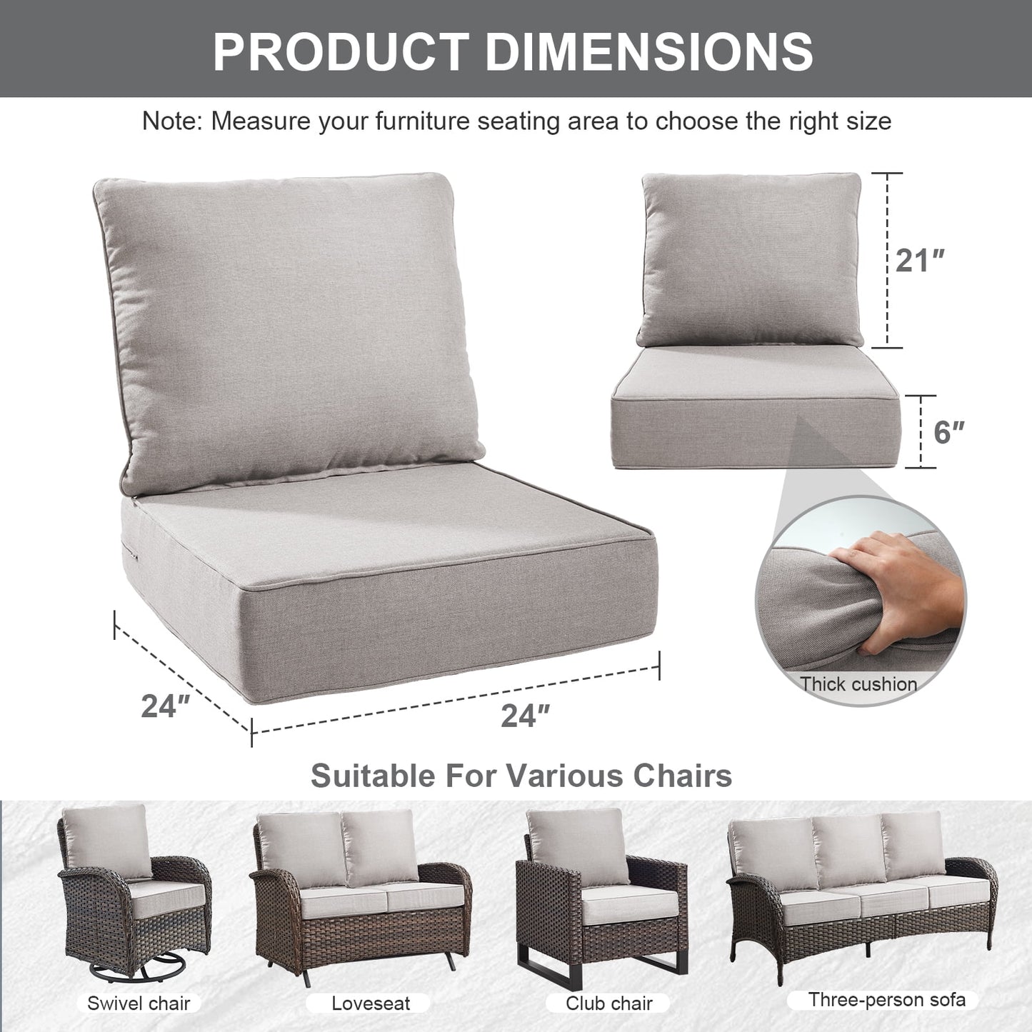 Terraloom 6 Inch Outdoor Cushions 24x24" - Water Resistant 2 Set Deep Seating Patio Chair Back& Seat Cushion for Wicker Rocking Swivel Chairs Loveseat Couch Sectional Sofa in Beige