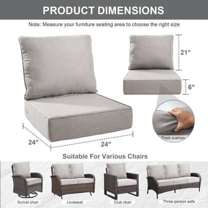 Terraloom 6 Inch Outdoor Cushions 24x24" - Water Resistant 2 Set Deep Seating Patio Chair Back& Seat Cushion for Wicker Rocking Swivel Chairs Loveseat Couch Sectional Sofa in Beige