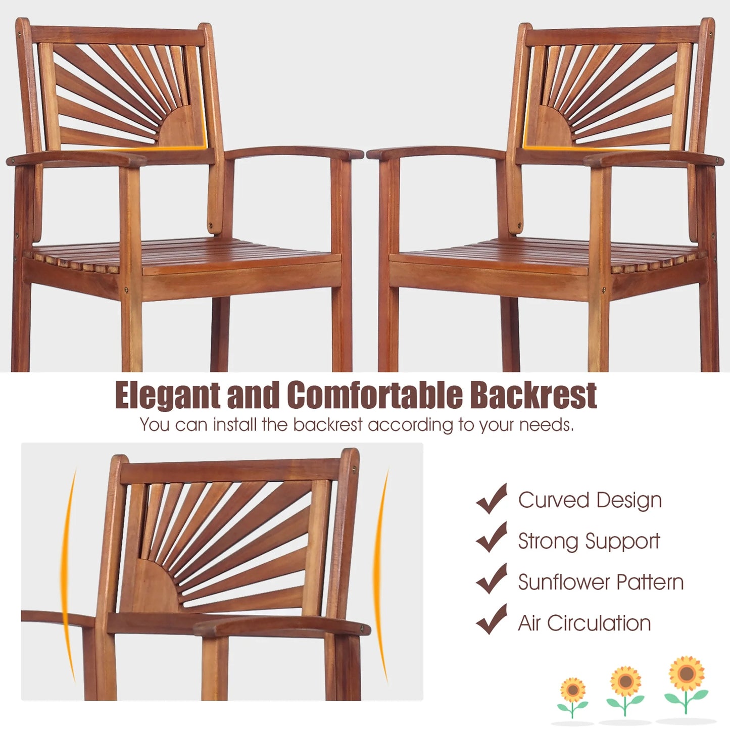 Costway 3PCS Bar Set Acacia Wood Bar Height Patio Bistro Dining Set Outdoor