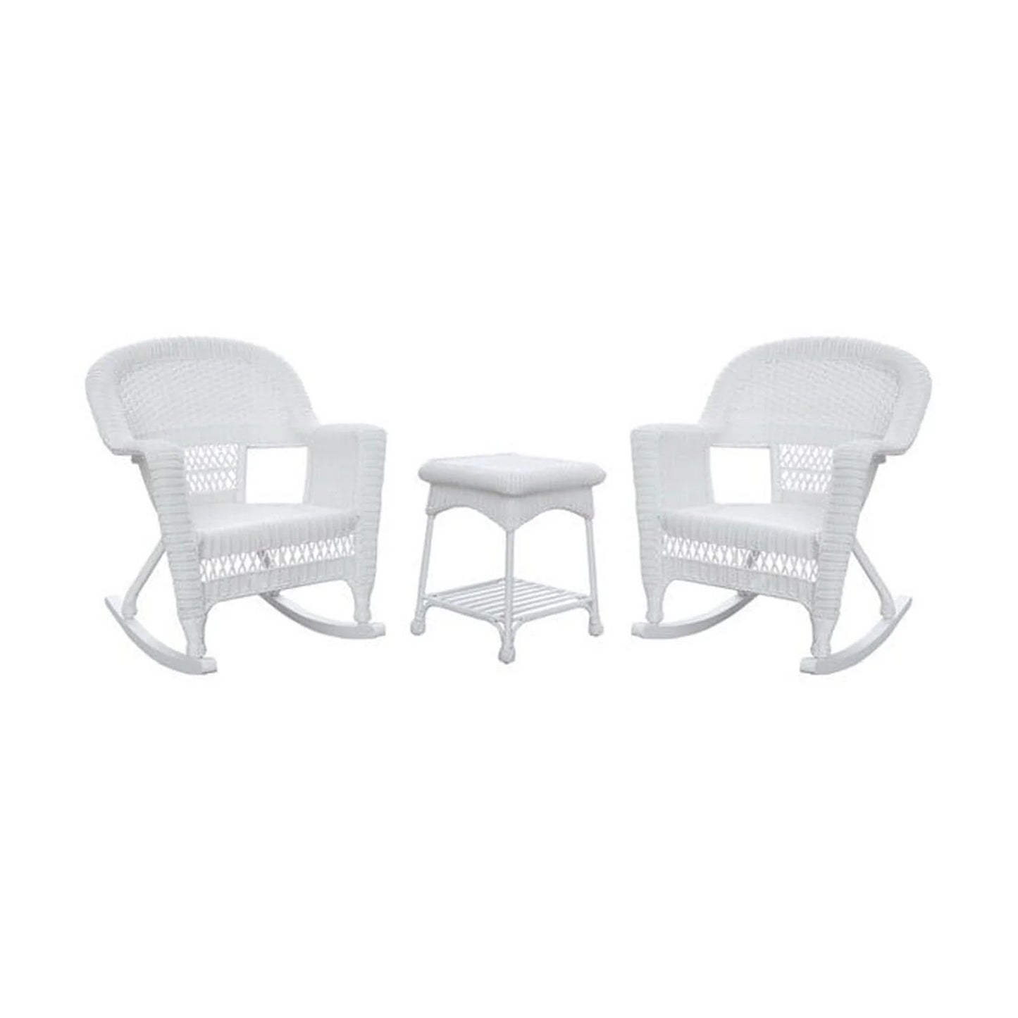 Jeco 3 Piece Resin Wicker Outdoor Patio Rocker Chair with End Table Set in White