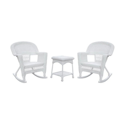 Jeco 3 Piece Resin Wicker Outdoor Patio Rocker Chair with End Table Set in White