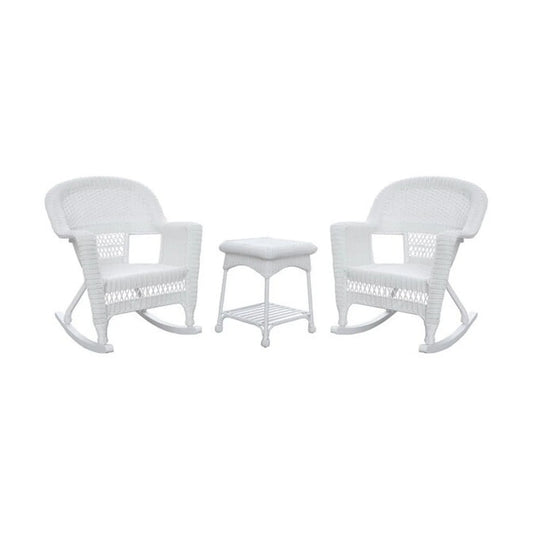 Jeco 3 Piece Resin Wicker Outdoor Patio Rocker Chair with End Table Set in White