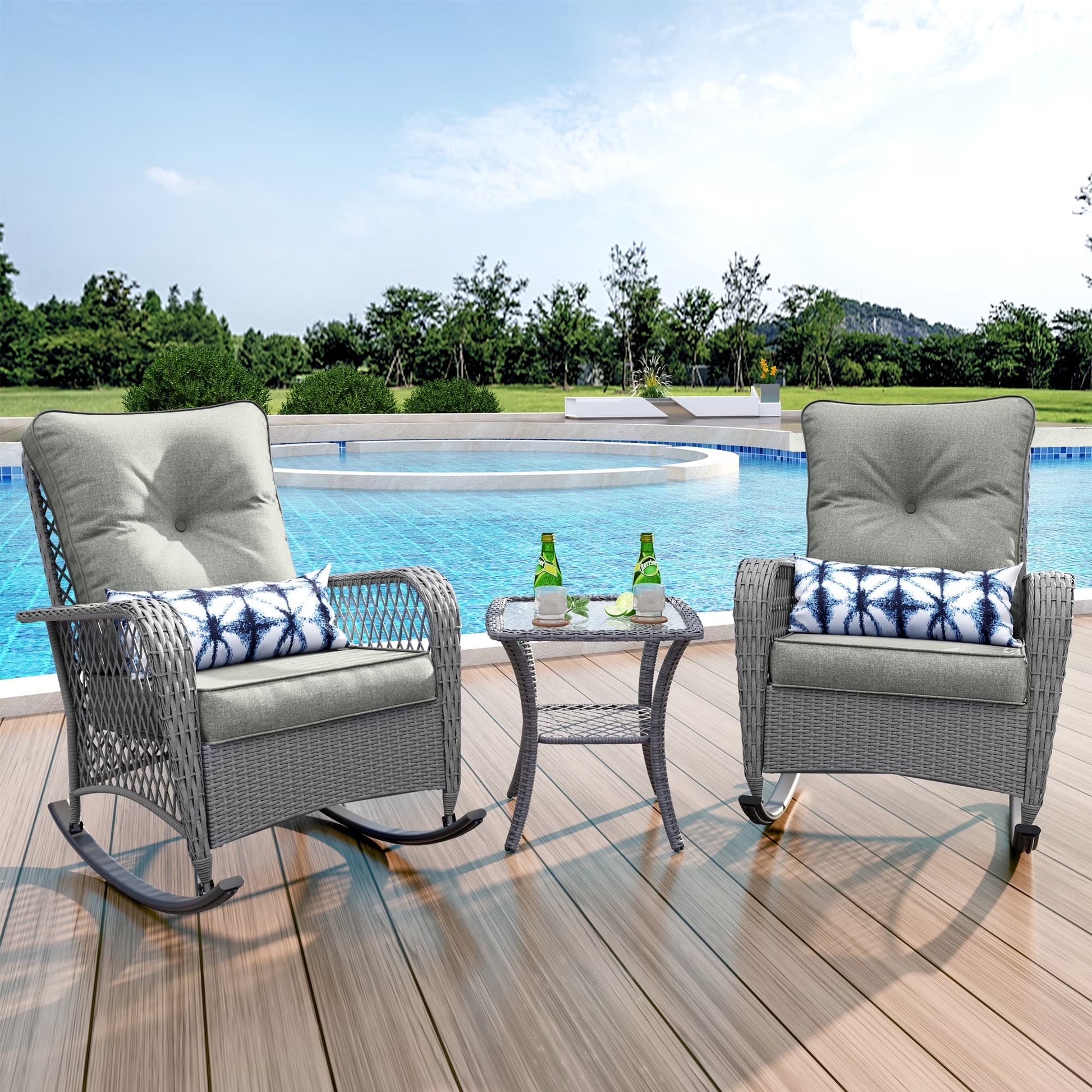 Techmilly 3-Piece Outdoor Rocking Chairs, Wicker Patio Furniture with Thickened Cushions and Table for Porch (Khaki)