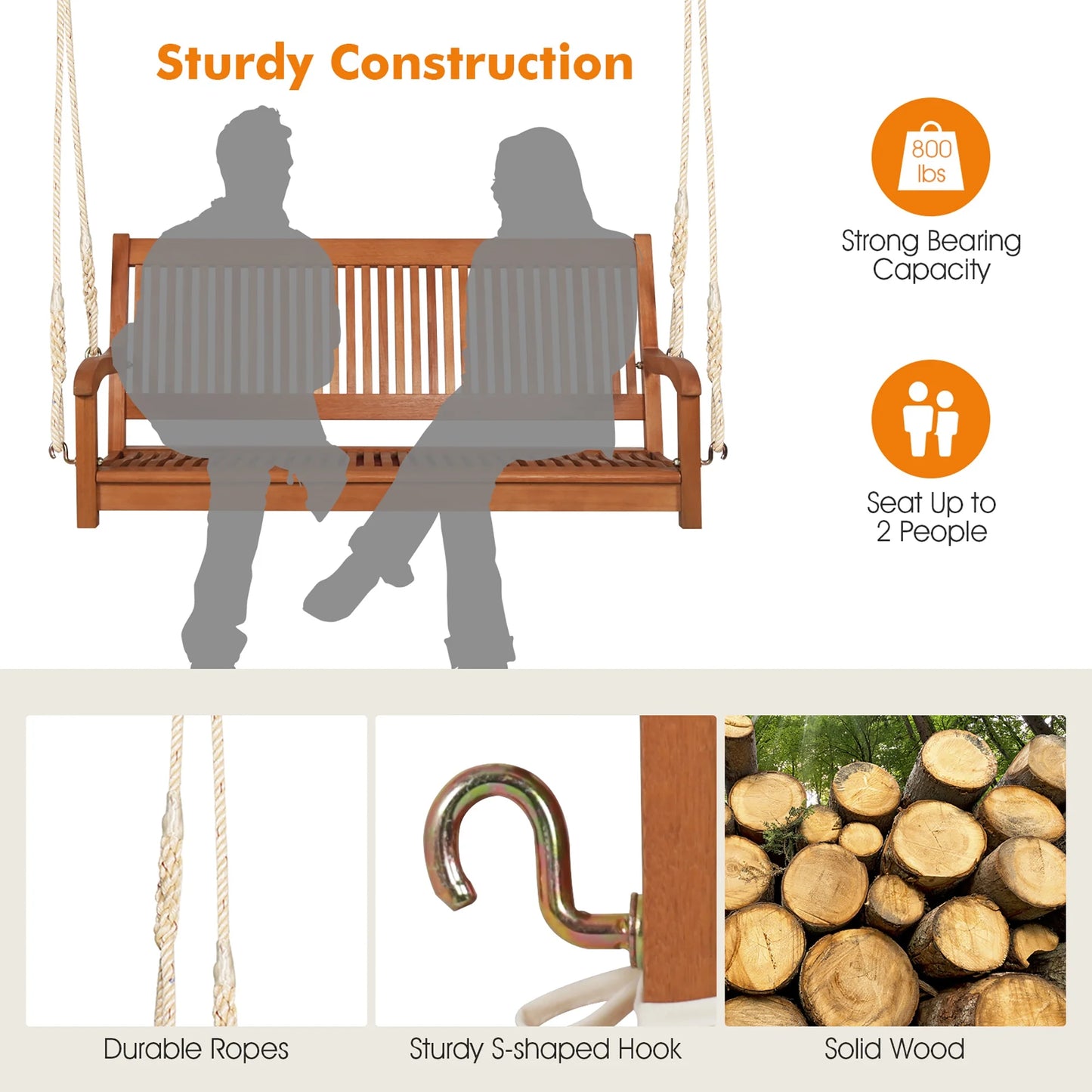 Gymax 2-Seat Patio Hanging Wooden Porch Swing Bench w/Cushion & Hanging Ropes