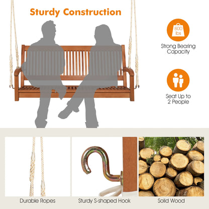 Gymax 2-Seat Patio Hanging Wooden Porch Swing Bench w/Cushion & Hanging Ropes