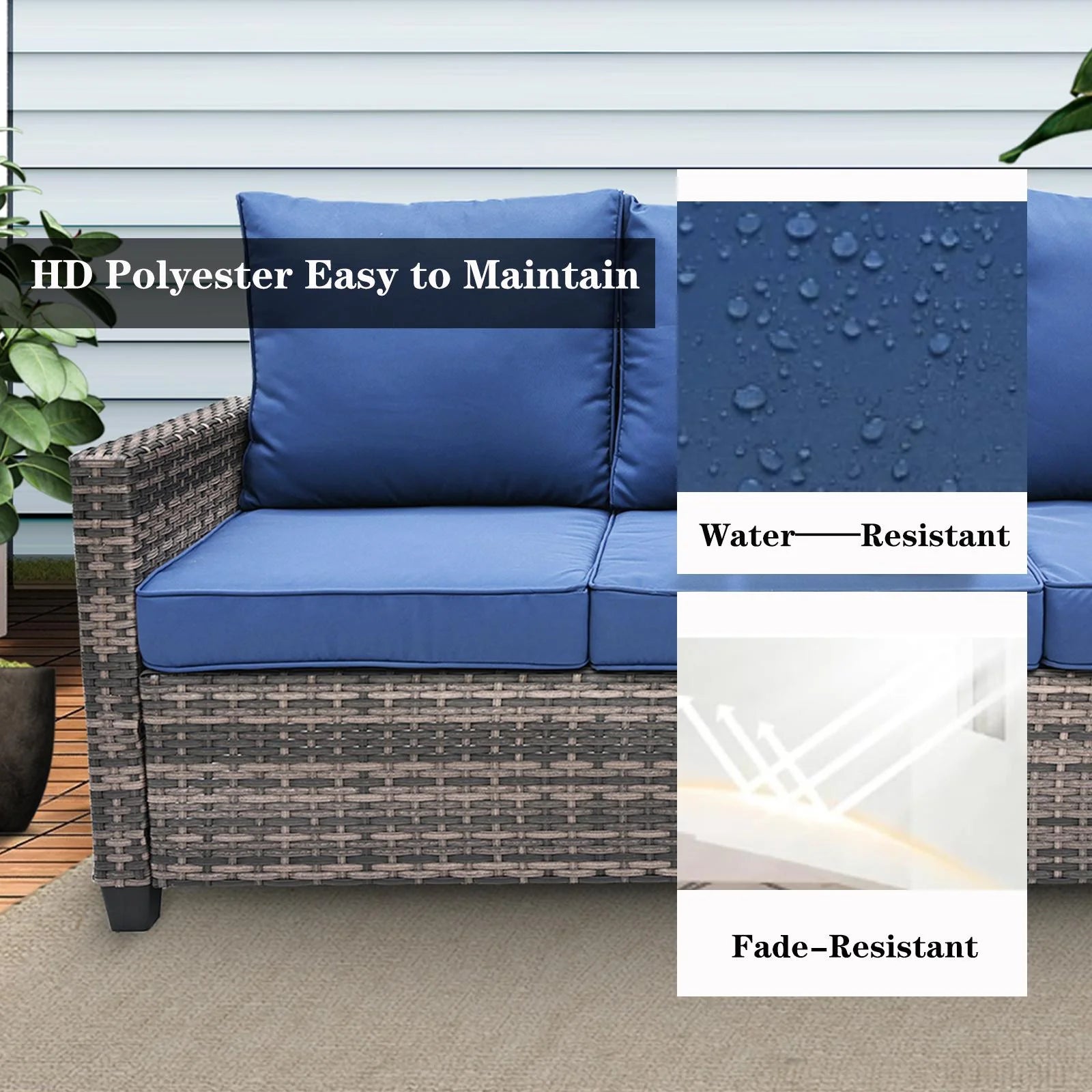 Decksplore All Weather Wicker Patio Couch, 3 Seats Patio Sofa with High Curvy Back, Premium Outdoor Sofa with Brown Wicker and Thick Cushions for Garden, Backyard, Porch Navy Blue