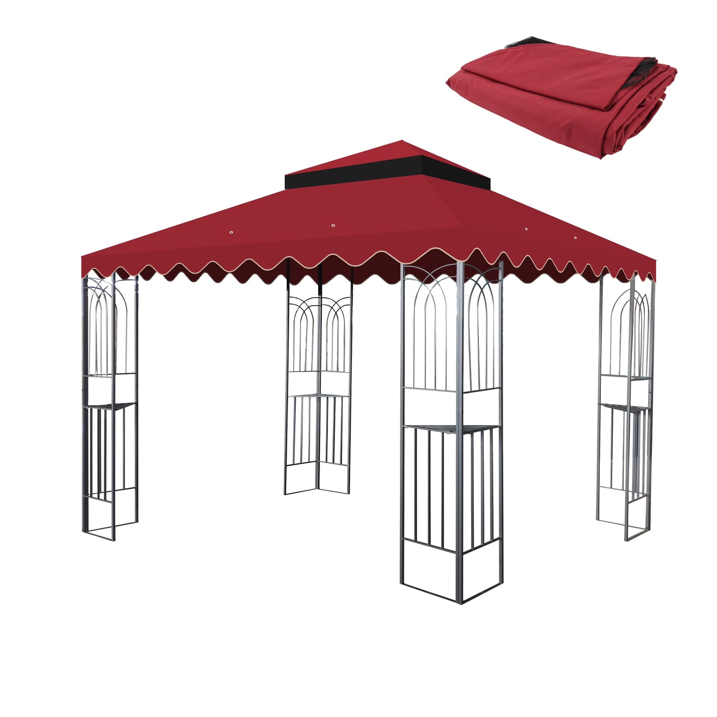 10x10 Ft Outdoor Patio Gazebo Replacement Canopy, Double Tiered Gazebo Tent Roof Top Cover Only wavy border(Frame Not Include)-Red