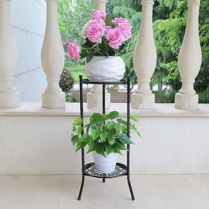 2 Tier Metal Plant Stand, Round Plant Shelf Flower Pot Rack Modern Planter Holder for Garden Patio Indoor Outdoor Black White