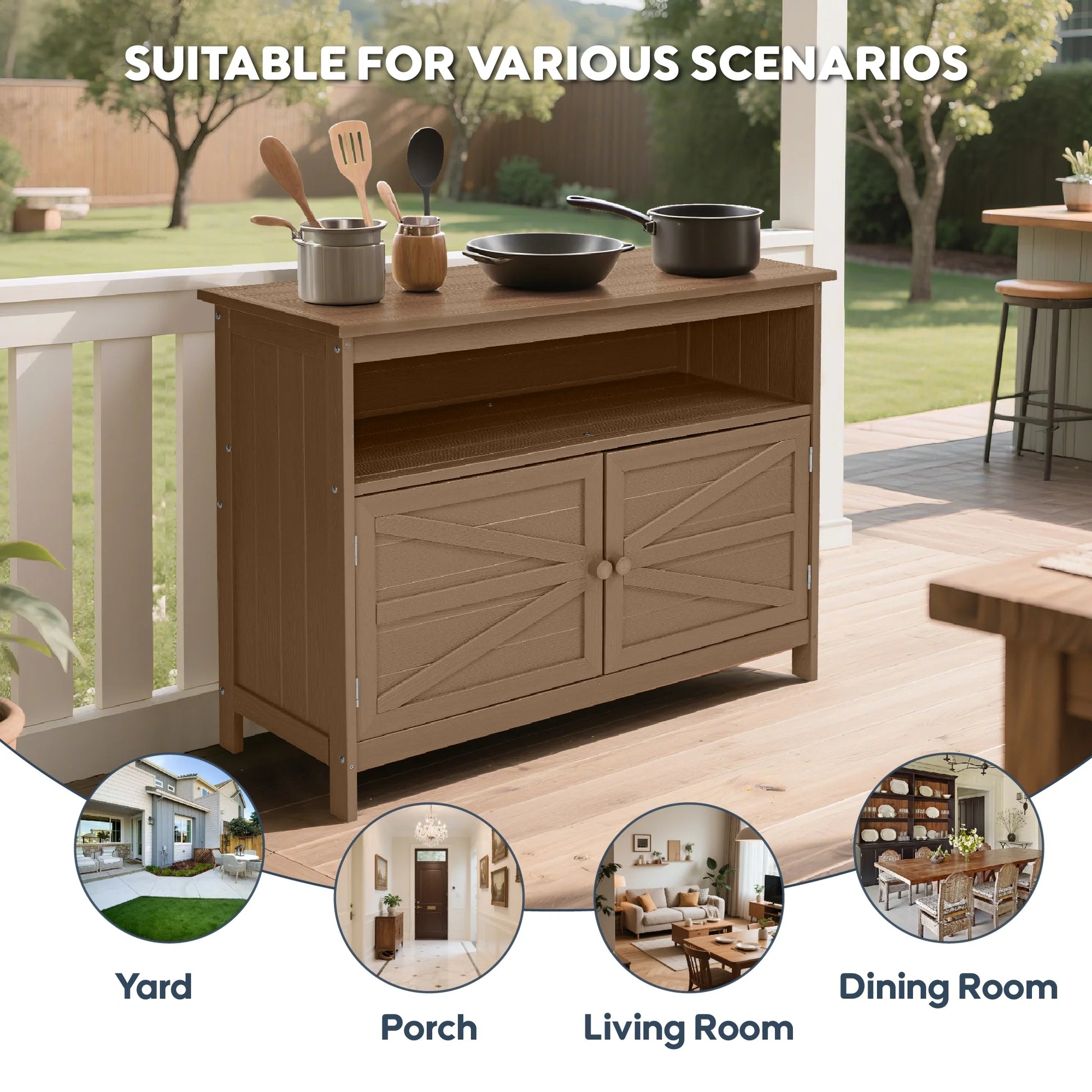 Bstjewey Outdoor Storage Cabinet HIPS Patio Sideboard with 3 Shelves & Doors