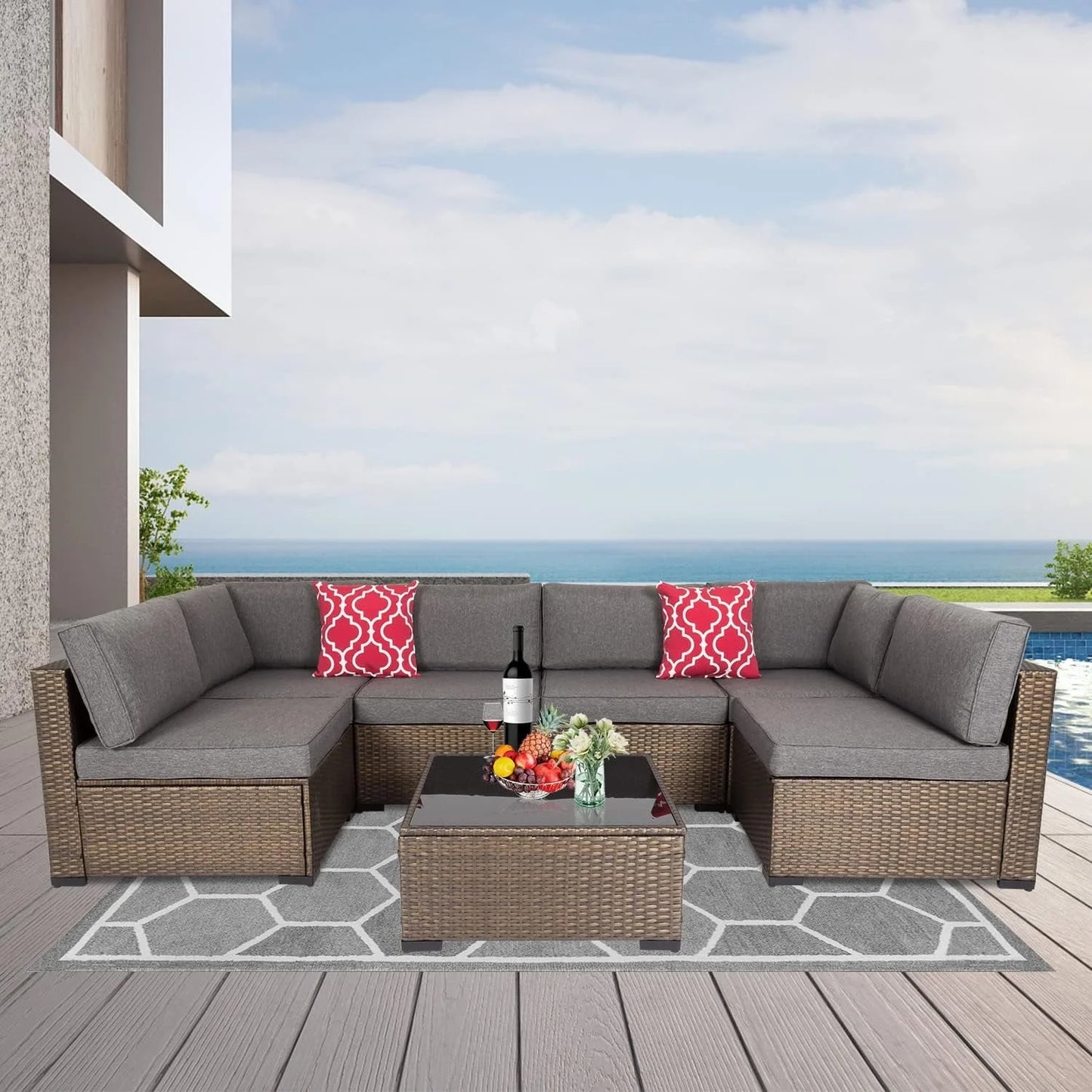 Kinbor 7pcs Outdoor Patio Furniture Set Wicker Sectional Sofa with Cushions, Gray