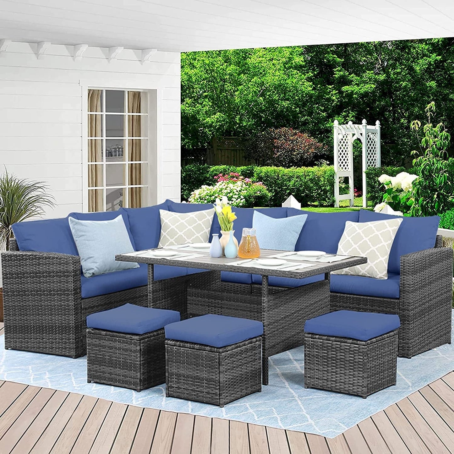 Superjoe 7 Pcs Outdoor Wicker Dining Set Patio Sectional Conversation Set with Table,Steel Frame,Ivory