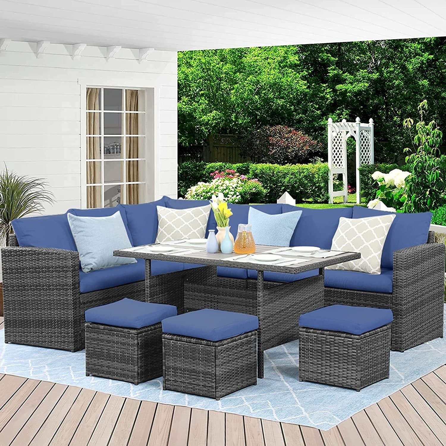 Superjoe 7 Pcs Outdoor Wicker Dining Set Patio Sectional Conversation Set with Table,Steel Frame,Ivory