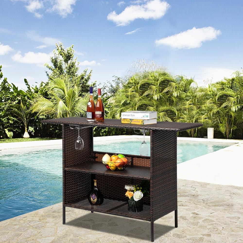 UBesGoo Outdoor Patio Rattan Wicker Bar Counter Table with 2 Storage Shelves