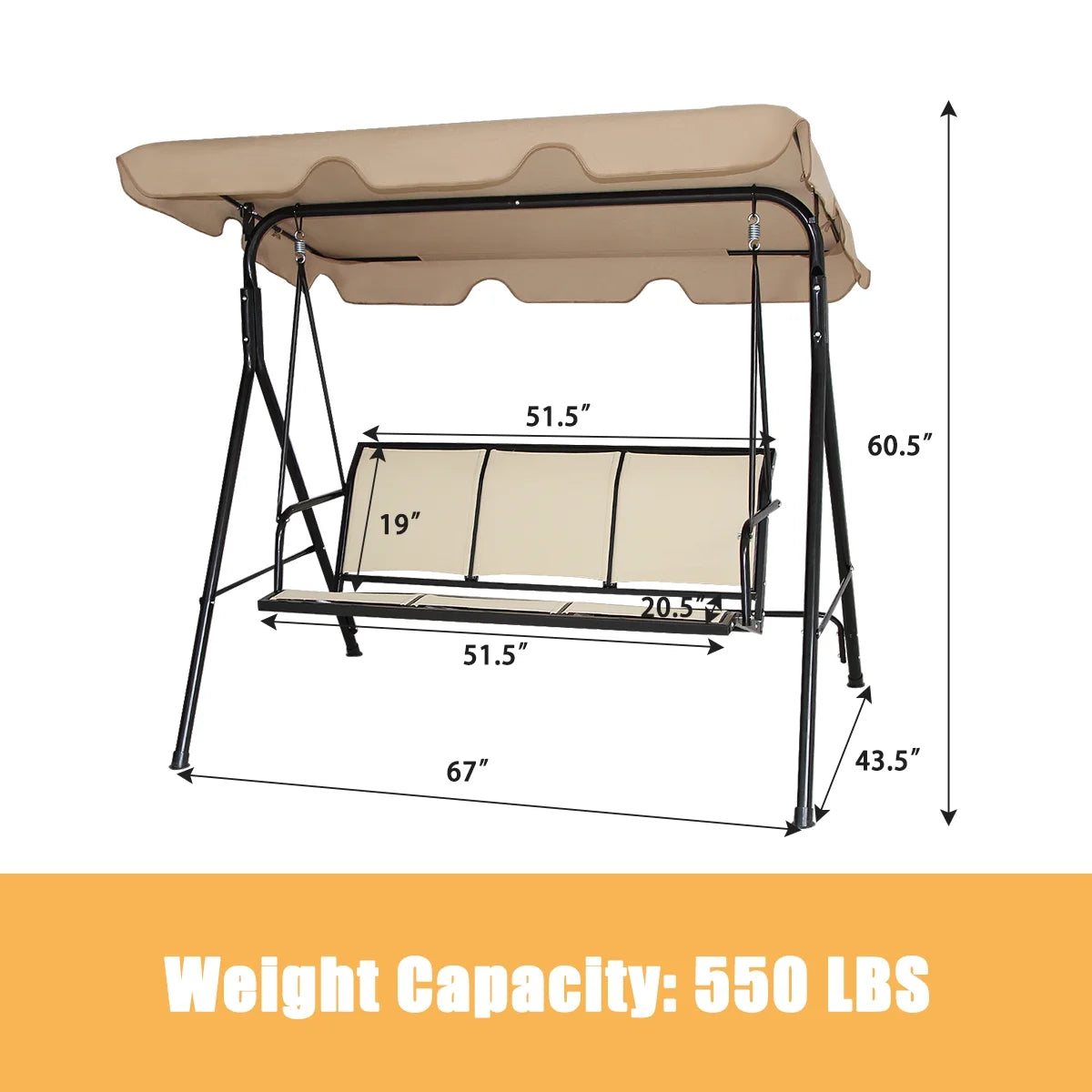 Costway Outdoor Patio Swing Canopy 3 Person Canopy Swing Chair Patio Hammock Brown
