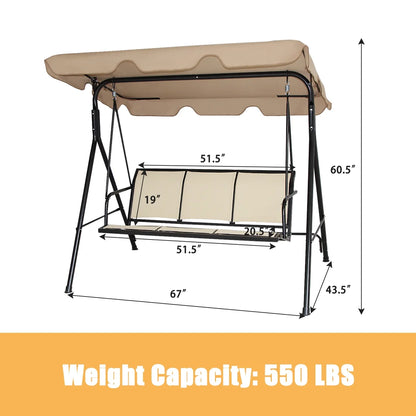 Costway Outdoor Patio Swing Canopy 3 Person Canopy Swing Chair Patio Hammock Brown