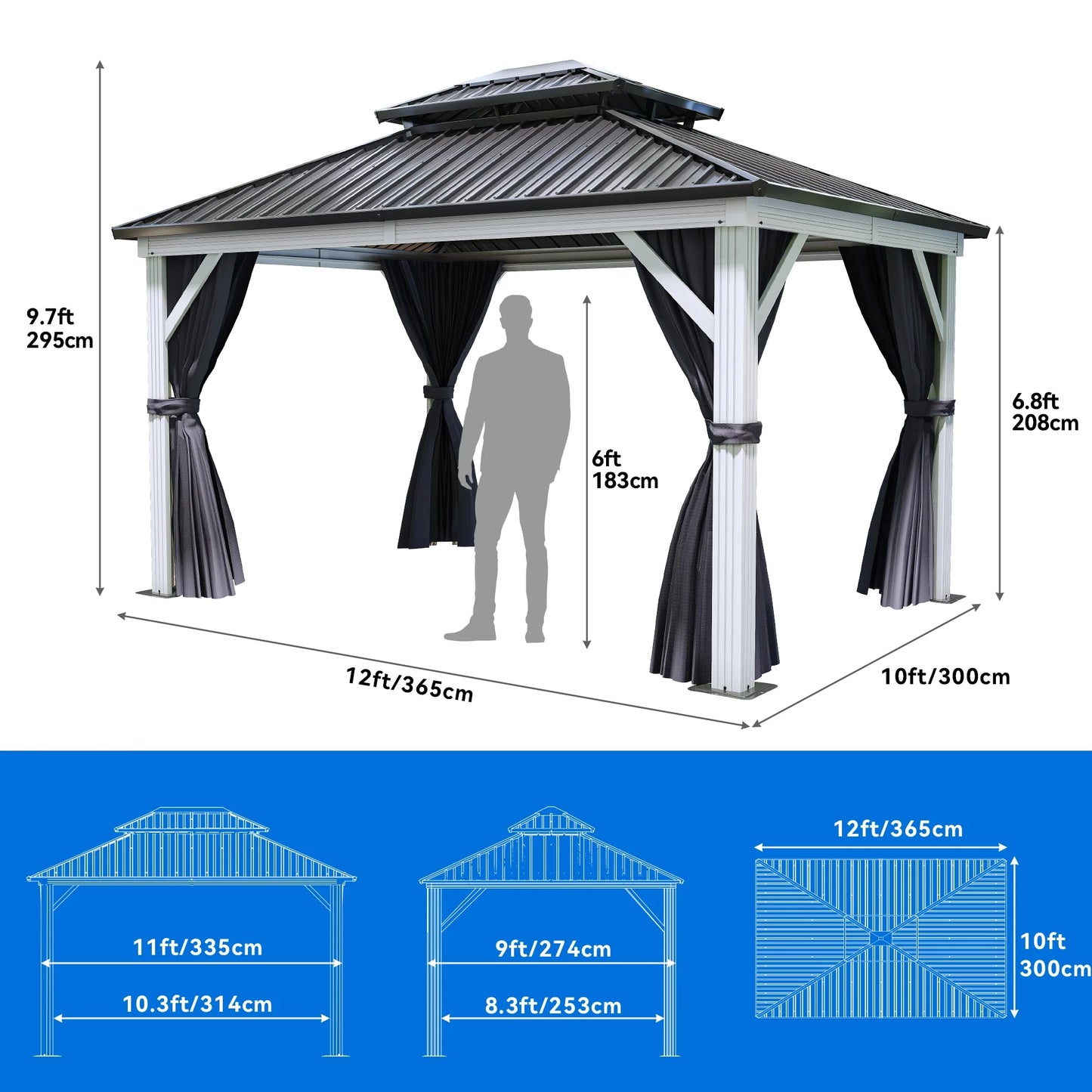 Dextrus 10x12ft Double Roof Hardtop Gazebo with Netting& Curtains, Double Galvanized Iron Aluminum Frame Outdoor White Gazebo,Ideal for Patio, Backyard,Deck and Lawns,Grey Curtain