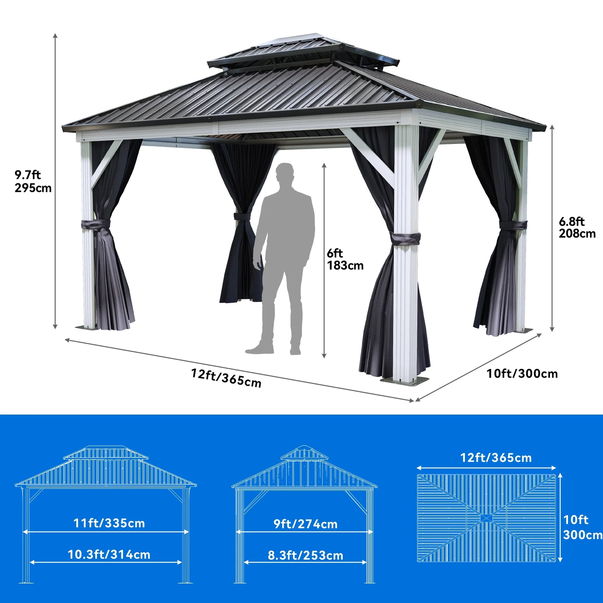 Dextrus 10x12ft Double Roof Hardtop Gazebo with Netting& Curtains, Double Galvanized Iron Aluminum Frame Outdoor White Gazebo,Ideal for Patio, Backyard,Deck and Lawns,Grey Curtain
