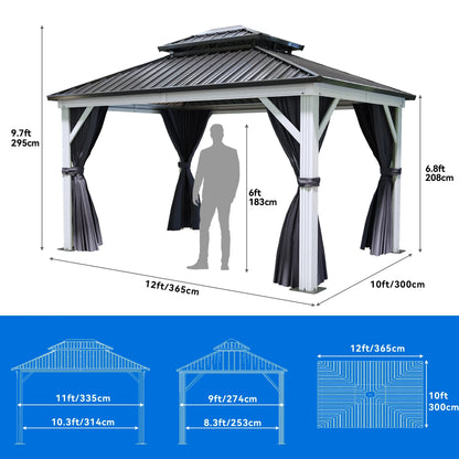 Dextrus 10x12ft Double Roof Hardtop Gazebo with Netting& Curtains, Double Galvanized Iron Aluminum Frame Outdoor White Gazebo,Ideal for Patio, Backyard,Deck and Lawns,Grey Curtain
