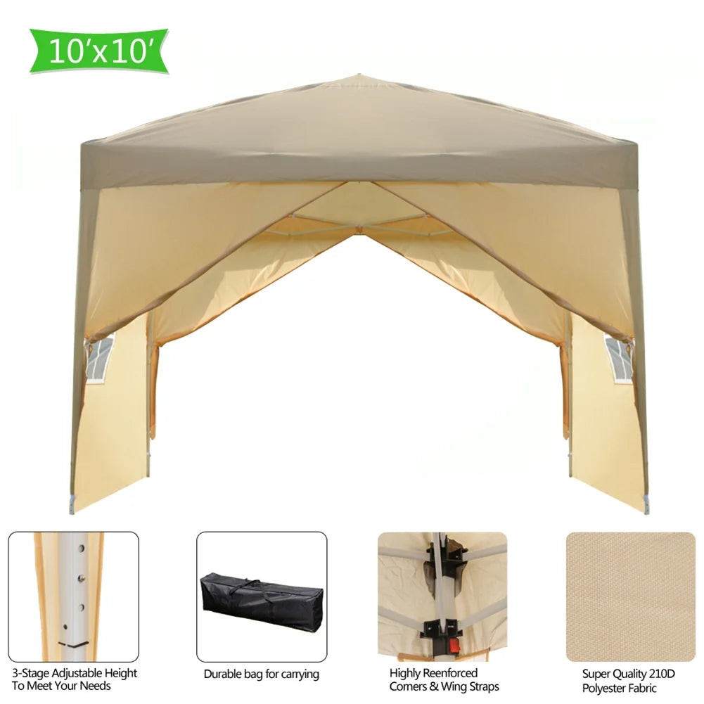 Spaco 10x10 FT pop up canopy with 2 Windows And 2 Doors, Instant Canopies Portable Gazebo UV Resistant Waterproof Enclosed Canopy Tent for Outdoor Events, Patio, Backyard, Party, Khaki