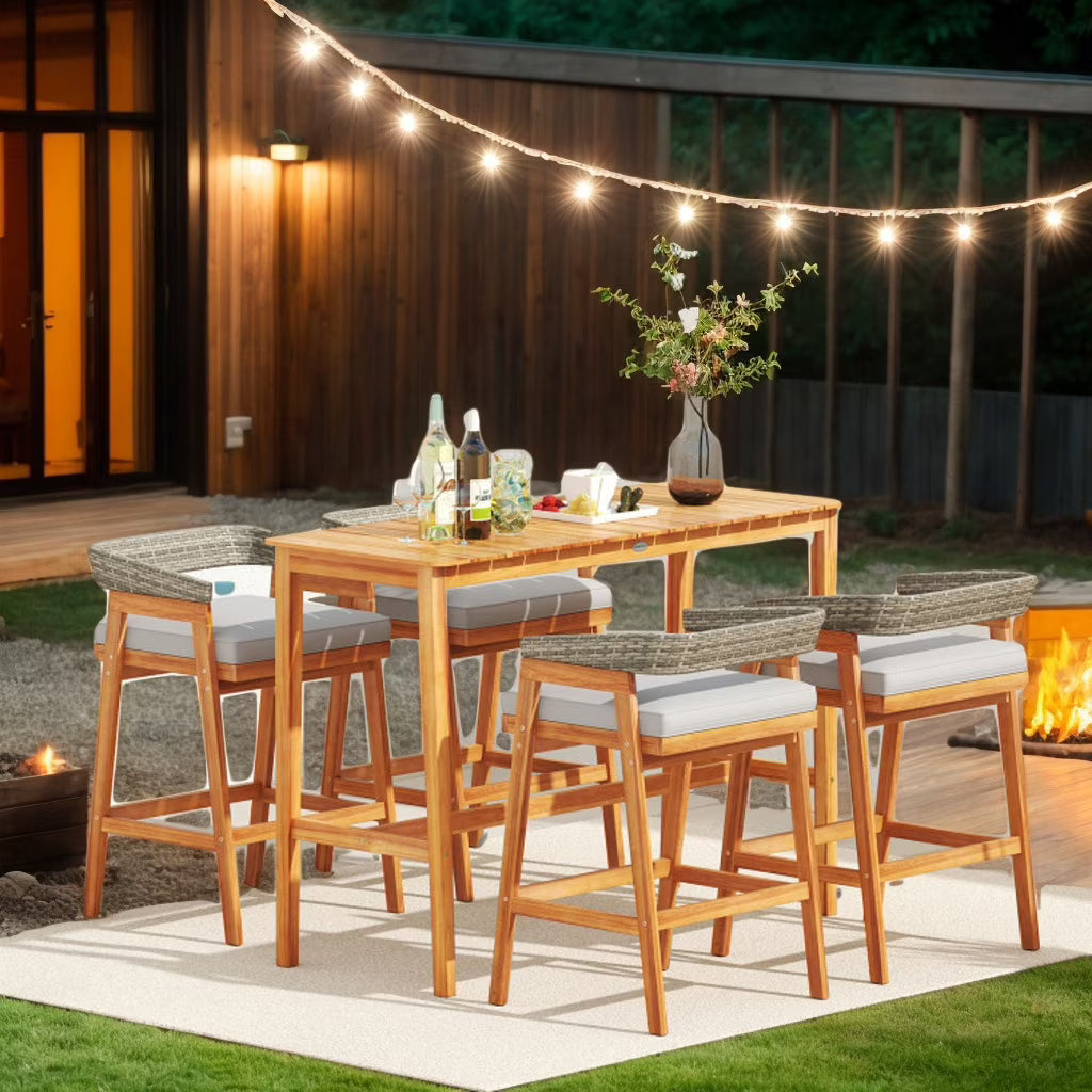 Yardi Yarda Acacia Wood Counter Height Table, Patio Bar Furniture with Slatted Tabletop and Footrest Crossbar for Outdoor as Yard, Brown