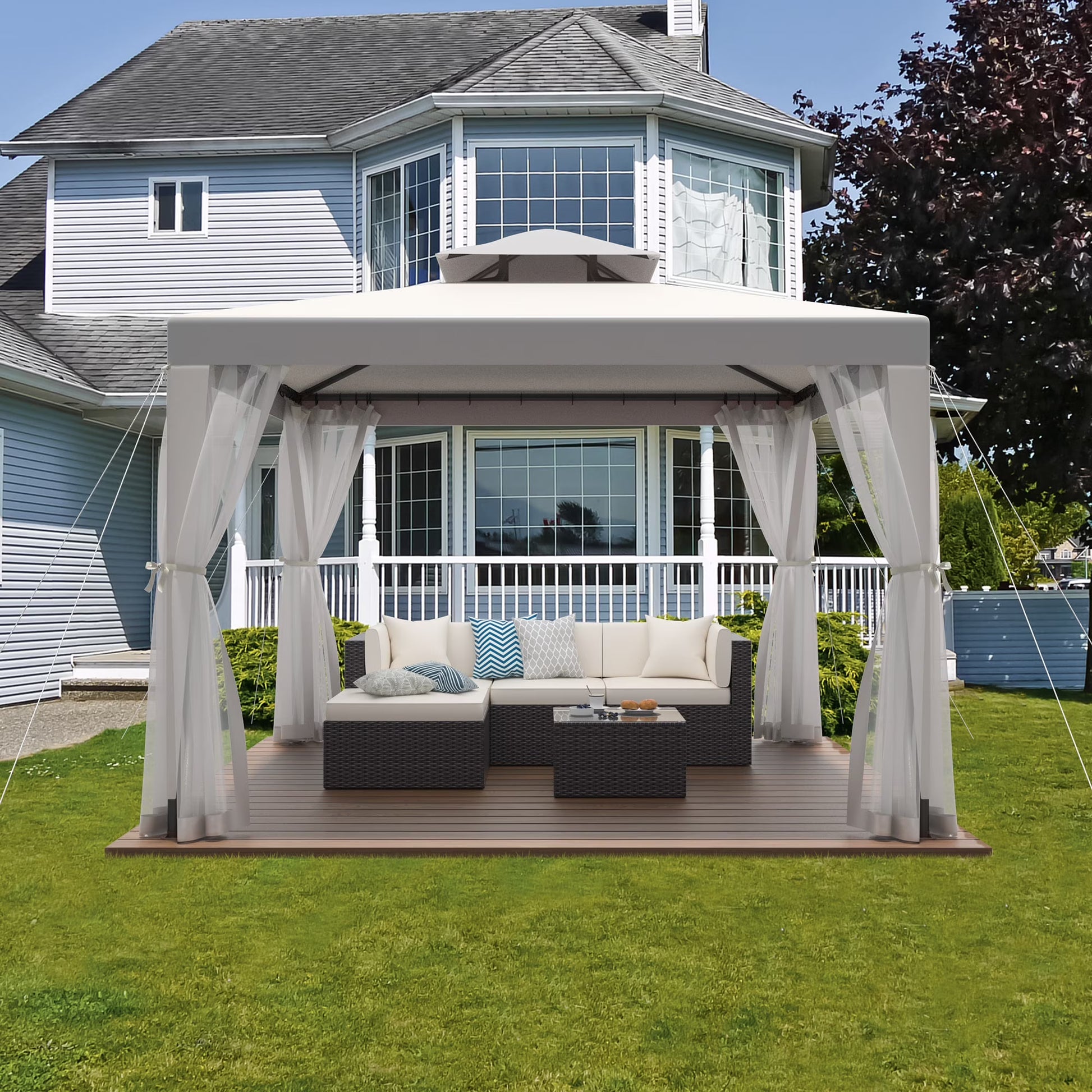 10'x10' Patio Gazebo Tent Outdoor Canopy Shelter w/Mosquito Netting & 2-Tiered Vented Top for Garden, Backyard Deck And Lawns