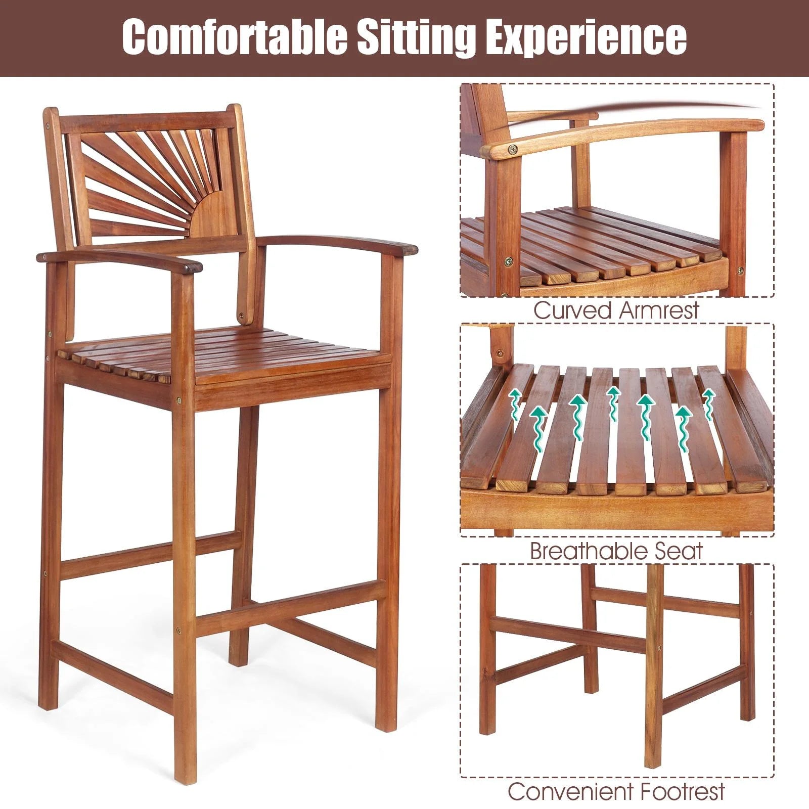 Giantex Patio Bar Stools Set of 4, Outdoor Acacia Wood Bar Chairs with Sunflower Backrest, Curved Armrests & Breathable Seat, Ideal for Balcony, Sunroom, Patio, Easy Assembly
