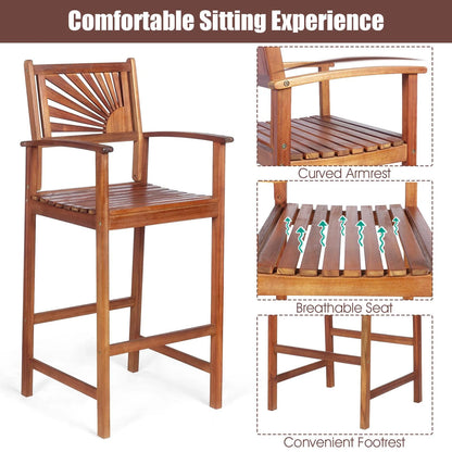 Giantex Patio Bar Stools Set of 4, Outdoor Acacia Wood Bar Chairs with Sunflower Backrest, Curved Armrests & Breathable Seat, Ideal for Balcony, Sunroom, Patio, Easy Assembly
