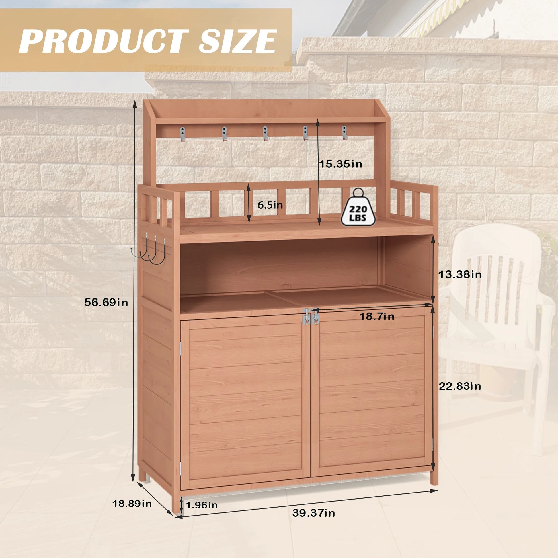 CASEMIOL Potting Bench for Outside, Outdoor Garden Work Bench with Storage Cabinet & Top Shelf, Fir Wood Potting Table with Raised Legs, 3 Hooks, Waterproof Gardening Workstation for Patio & Backyard