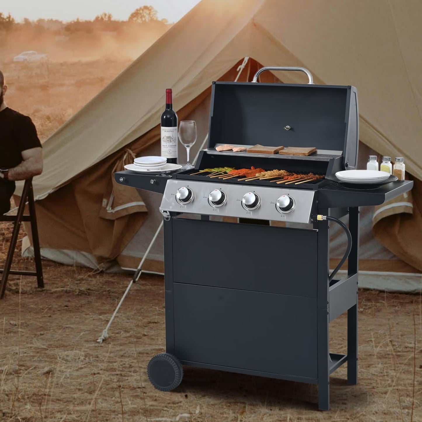 4 Burner Propane Gas Grill with 34,000 BTU Powerful Heat, Stainless Steel Grill with Double Shelves, for Patio, Garden, Black