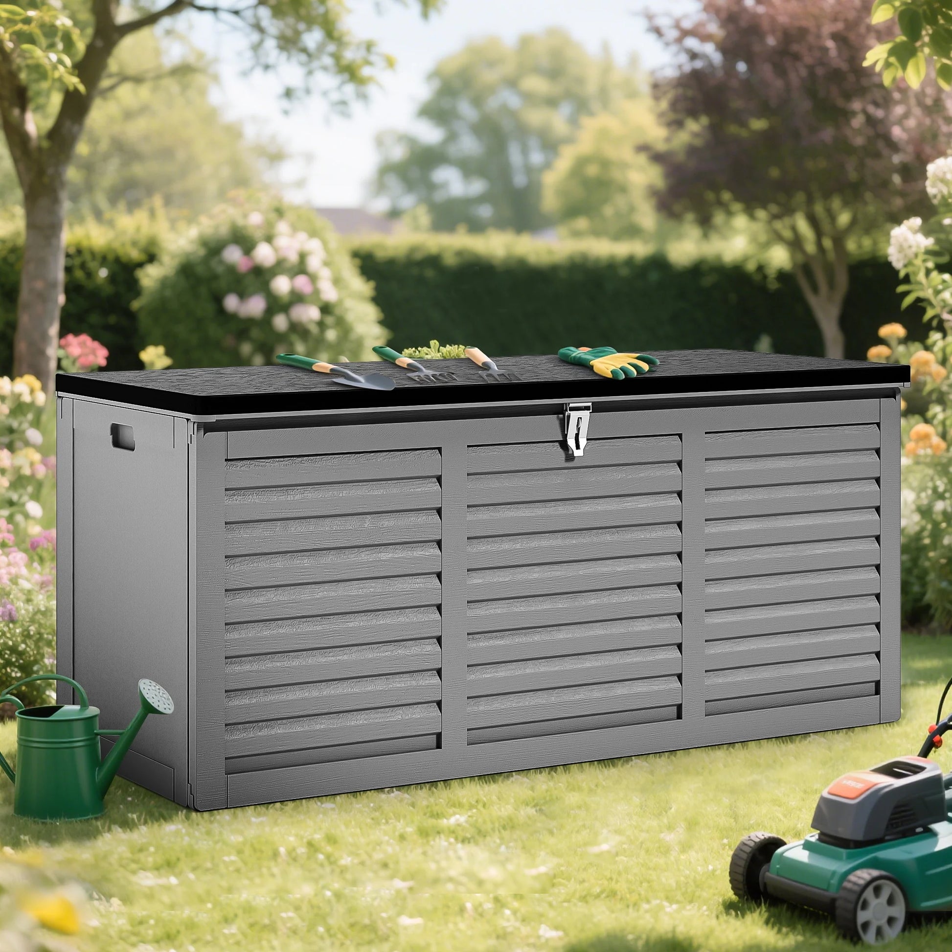 130 Gallon Resin Deck Box, Outdoor Lockable Storage Container for Patio Cushions, Garden Tools, Pool Supplies, Toys, Waterproof and UV Resistant, Reinforced Rib Design, Gray